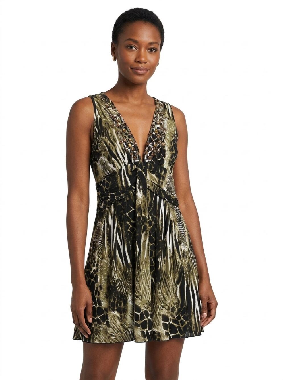 Belldini Brown Mini Jersey Sequin Rhinestone Dress Women Size L